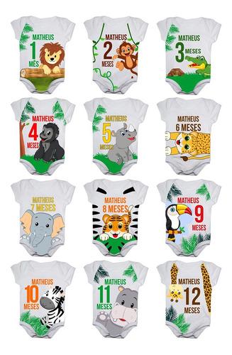 Kit Body Bebê Mesversario Safari Animais Selva Personalizado