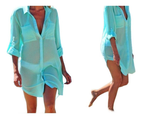 A Camisa Traje Baño Manga Larga Con Bolsillo Liso Beachwear