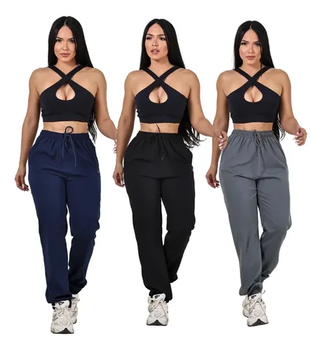 Kit 3 Calças Jogger Femininas Secagem Rápida E Conforto Preto - Marinho - Cinza Escuro Liso G
