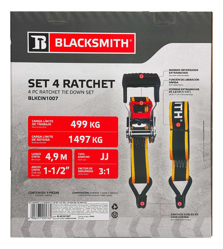 Set 4 Ratchet 1-1/2 Gancho Jj 4.9 Mt 1.497 Kg.