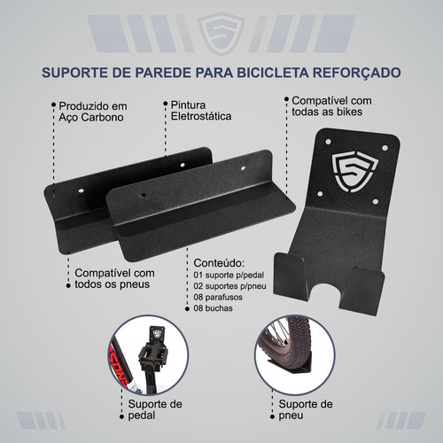 Kit 02un Suporte Bicicleta Parede Universal Encaixe Bike Cor Preto
