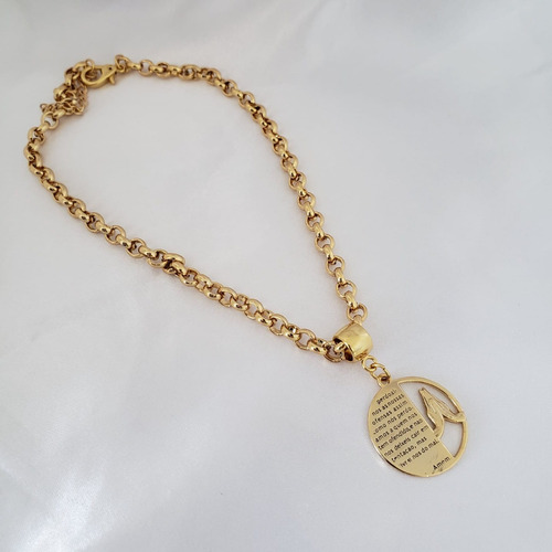 Corrente Com Pingente Mandala Oração Pai Nosso Banhado Ouro
