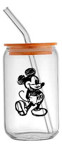 Copo Vidro Transp. Canudo Mickey Mouse Linhas Retro Desenho