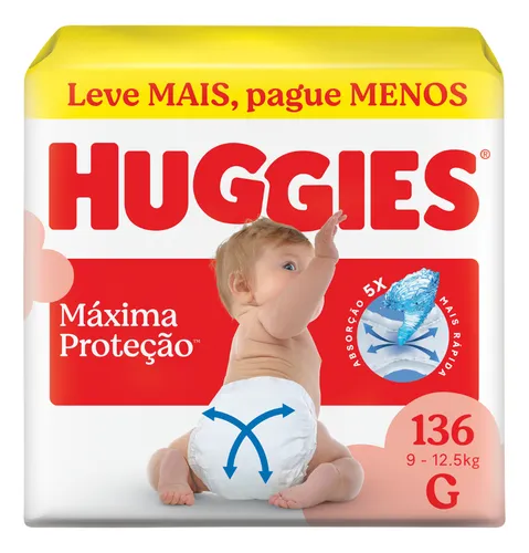 Huggies Fralda Descartável Máxima Proteção G - 136 Un