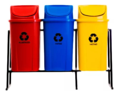 Kit Coleta Seletiva 3 Lixeiras 60l C/ Suporte Resistente