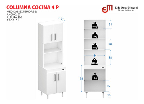 Mueble Columna De Cocina 4 Puertas Despensero Blanco 10155 Color 10155 - Blanco