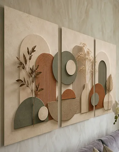 Kit 3 Quadros Boho Verde Terracota Geométrico Para Sala Marrom/verde Marrom-claro
