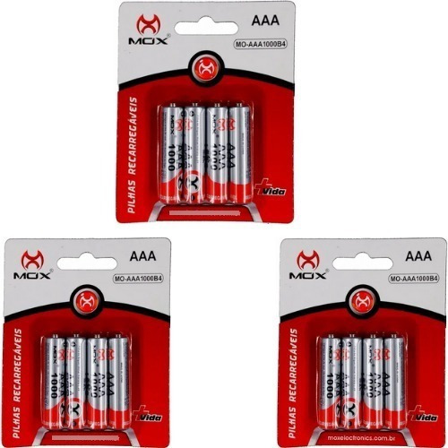 12 Pilhas Palito Recarregável Mox Aaa 1000mah Pilha Palito