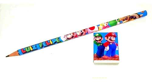 X10 Lápices Person. + Goma Souvenirs Sorpresitas Mario Bros 