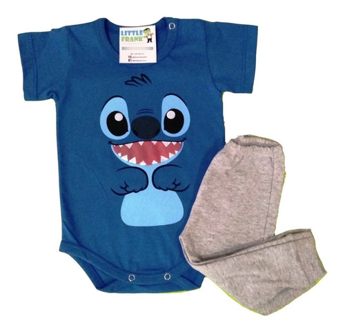 Conjunto Para Bebe Stitch Azul Body Manga Corta Y Pantalón