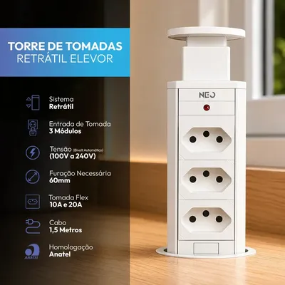 Torre 3 Tomadas Embutir Retrátil Elevor Para Bancada Branco Cod: 370025676 Neo Avant