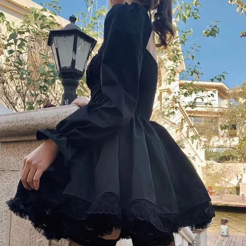 L Vestido Negro De Manga Larga Lolita Goth Aesthetic Puff
