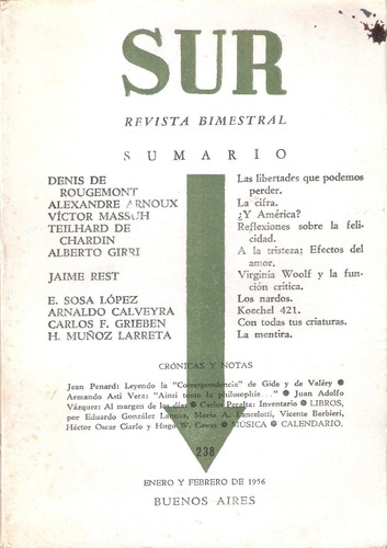 Revista Sur, 238, Jaime Rest, Girri, Calveyra, Etc. 1956 