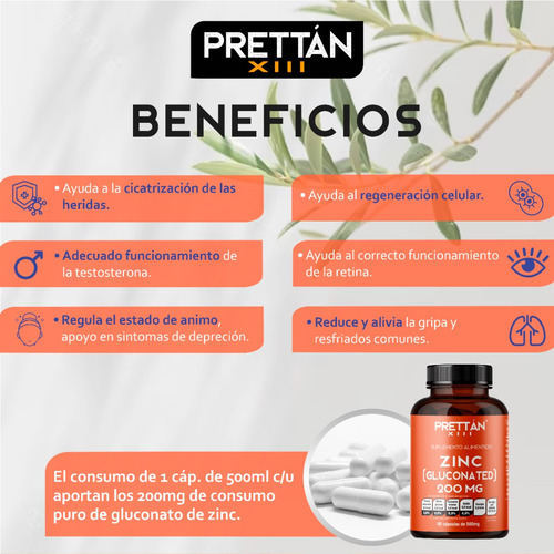 Gluconato De Zinc 200mg Suplemento 90 Caps Prettan