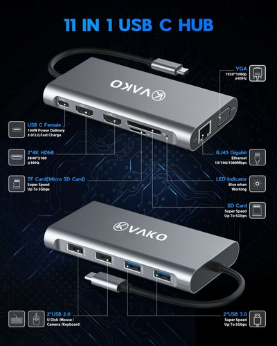 Adaptador Hub Vako 11en1 Usb C Hdmi Ethernet Para Chromebook