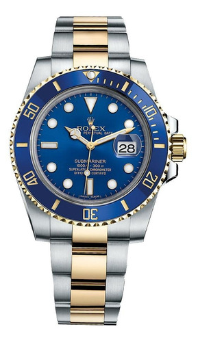 Reloj de pulsera Rolex Oyster Perpetual Submariner date de cuerpo color plateado, analógico, fondo azul, con correa de acero oystersteel color plateado y dorado, agujas color blanco y dorado, dial blanco y dorado, minutero/segundero plateado, bisel color azul, luz celeste y desplegable