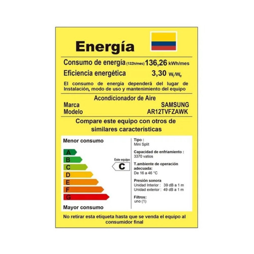Imagen 4 de 4 de Aire acondicionado Samsung split inverter frío 11499 BTU blanco 220V AR12TVFZAWK