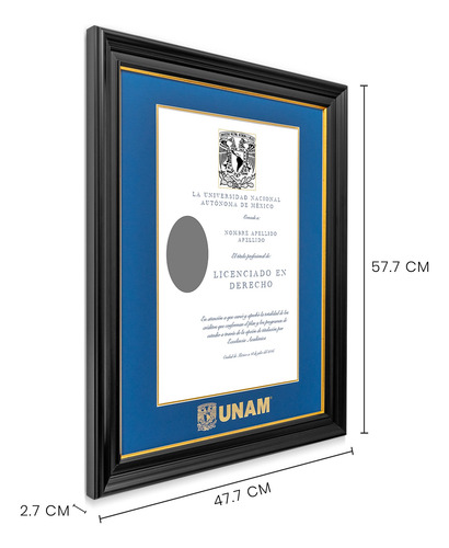 Marco Para Titulo Unam 40x50 Azul/ Filo Oro Negro/ Filo Oro