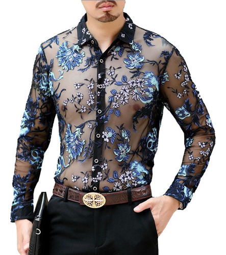 Camisa De Fiesta De Club De Encaje Bordado Para Hombre, Mang