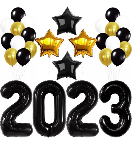 Globo Decoracion Fin De Año Numero 2023 Negro Kit Estrellas