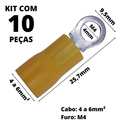 10un Terminal Olhal Pré-isolado Amarelo 4-6mm² M4 Rvs5.5-4