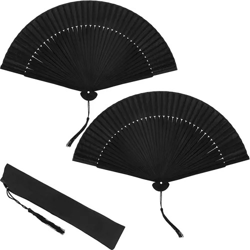 2 Ventiladores De Mão Chineses Dobráveis De Bambu Preto