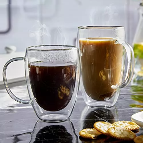 Bivvclaz 2-Pack 16 oz Double Wall Glass Coffee Mugs, Large