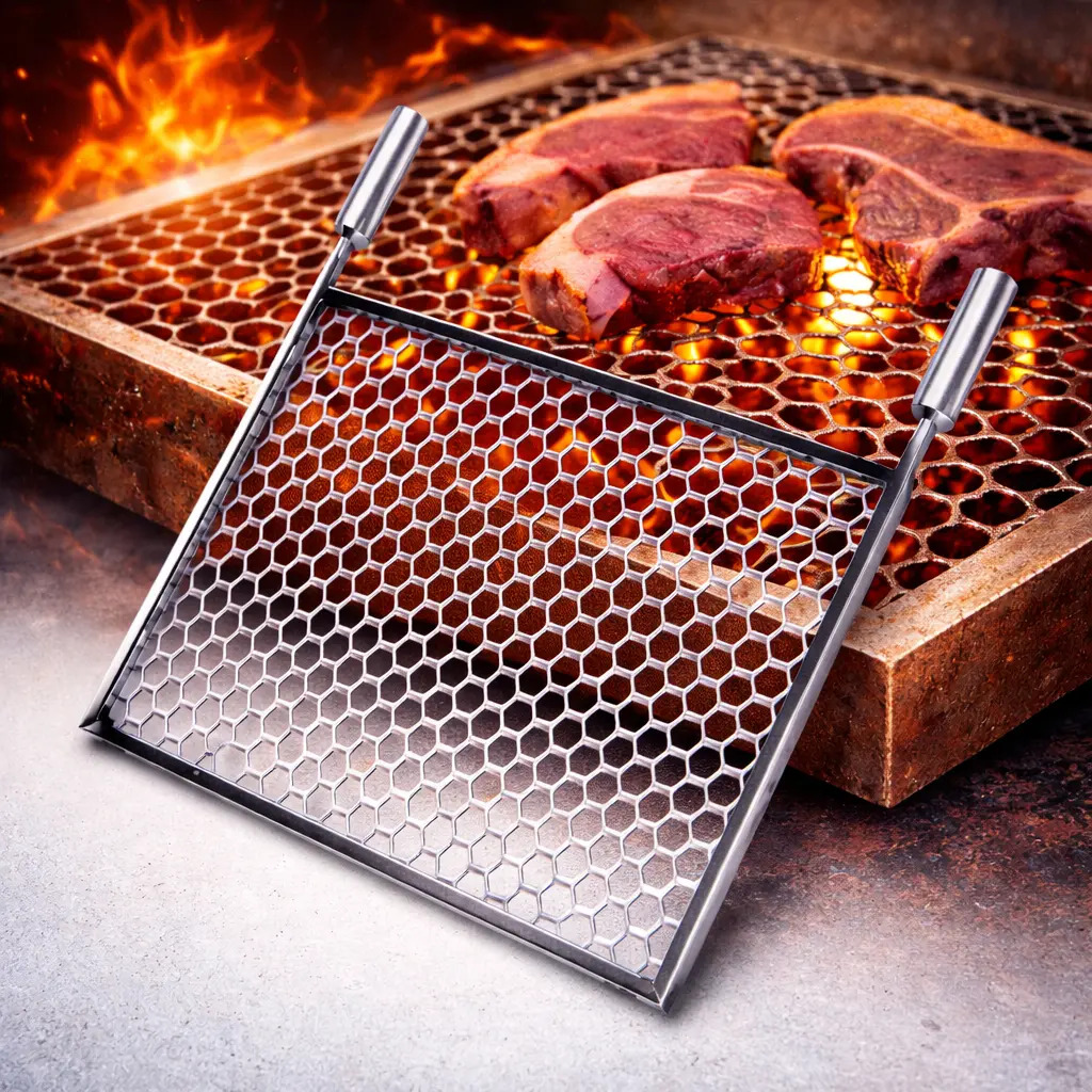 Grelha Churrasco Inox Cabo De Alumínio Para Churrasqueira Medidas 57x40 Peixe Carne Frango