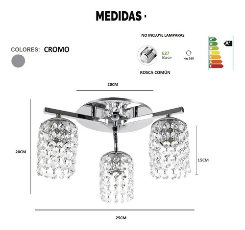 Araña Plafón Lyon Chesca 3 Luces Cromo Cristal Apto Led F