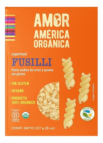 Pasta Sin Gluten América Orgánica Arroz Fusilli 227g B Corp