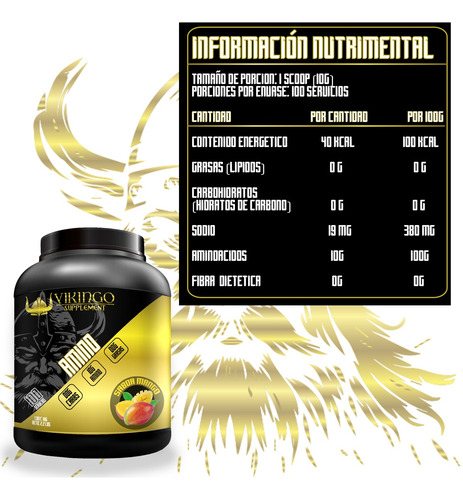 Aminoácidos En Polvo Vikingo 1 Kg Varios Sabores 100 Servis Mango
