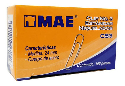 Clip Estandar Mae Cs3 Caja C/100 Pzs Niquelado No.3 Color Plateado