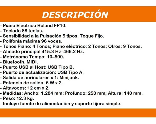Imagen 2 de 10 de Piano Electrico Roland Fp10 + Fuente Y Soporte