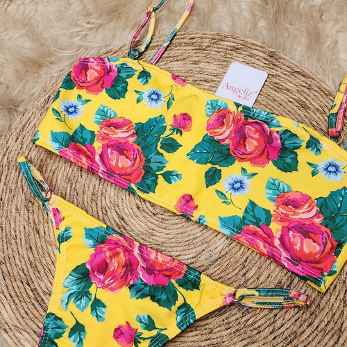 Bikini Top Estampada Con Less Regulable Malla Mujer