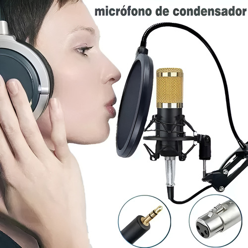 Micrófono Condenser Bm-800 + Tarjeta De Sonido Bluetooth V8s Negro