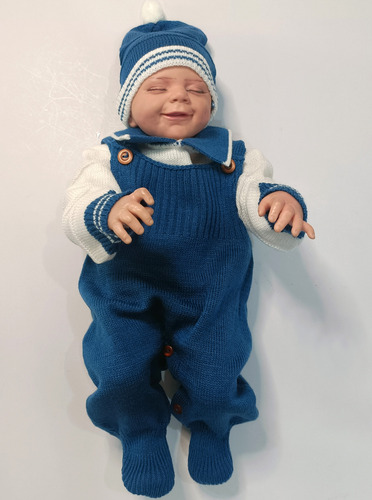 Conjunto Nacimiento Tejido Overall, Gorrito, Chambrita Azul