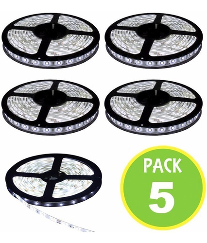 Pack 5 Cinta Tira Led Blanco Frio 5mts + Transformador