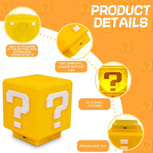 Lampara Cubo Mario Bross Cuestion/pregunta Sonido Rgb Usb Amarillo