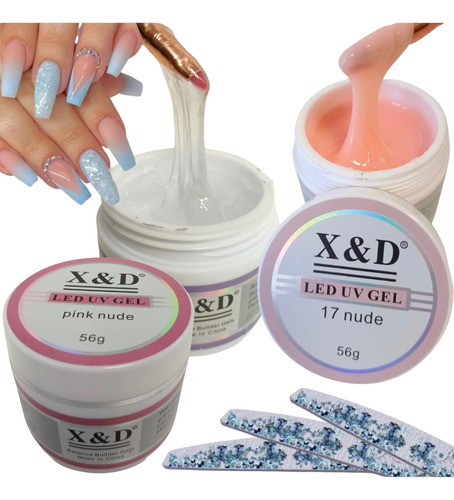 Kit 3 Gel X&d Uv Led 56g Pink Nude, Transparente Unhas Fibra