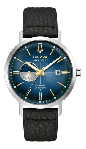 Reloj Bulova Aerojet Automático Original Hombre E-watch Color De La Correa Negro Color Del Bisel Plateado Color Del Fondo Azul