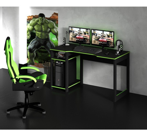 Mesa Destiny Gamer ideal para 3 monitores, color negro y verde