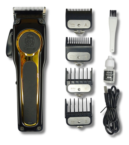 Kit Barberia Maquina De Corte Kemei Km-2352 + Accesorios Color Negro