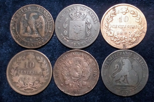 Monedas Cobres Diversos. 30 Mm. Siglo Xix. Lote De 6 Uni (Usado)