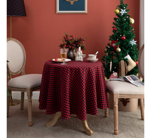 Mantel Redondo A Cuadros Para Decoración Navideña