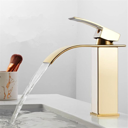 Canilla Monocomando Lavatorio Cuadrada Pico Cascada Dorada Acabado Brillante Color Dorado