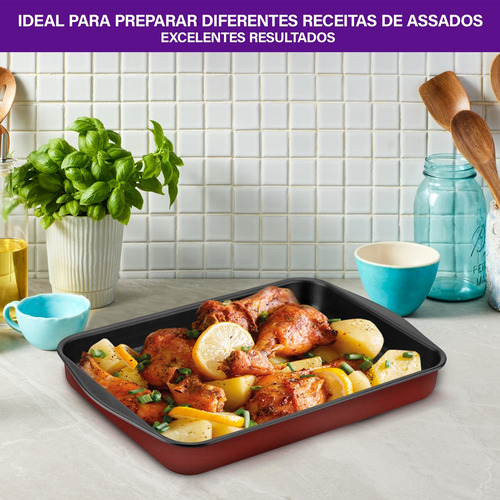 Assadeira Retangular Vermelha Antiaderente Rochedo Dura + 32cm