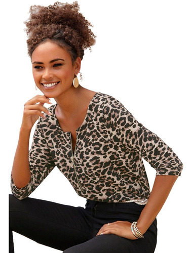 Women's Popular Leopard Round Neck Medium Sleeve T Shirt