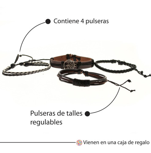 Imagen 3 de 7 de Pulsera Hombre Conjunto 4 En 1 Dije Arbol De La Vida Cuero