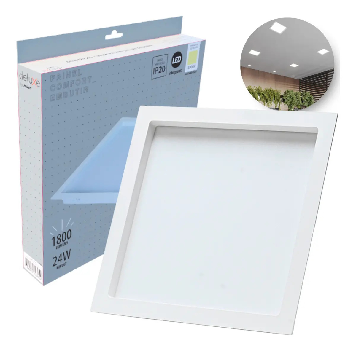 Painel led Plafon Comfort Recuado Embutir 24w 4000k Branco Neutro 26cm Bivolt Branco Cod:908100875 Deluxe