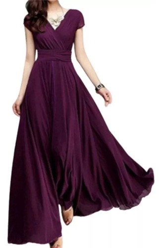 Vestido De Noche Maxi De Cintura De Color Sólido Para Mujer